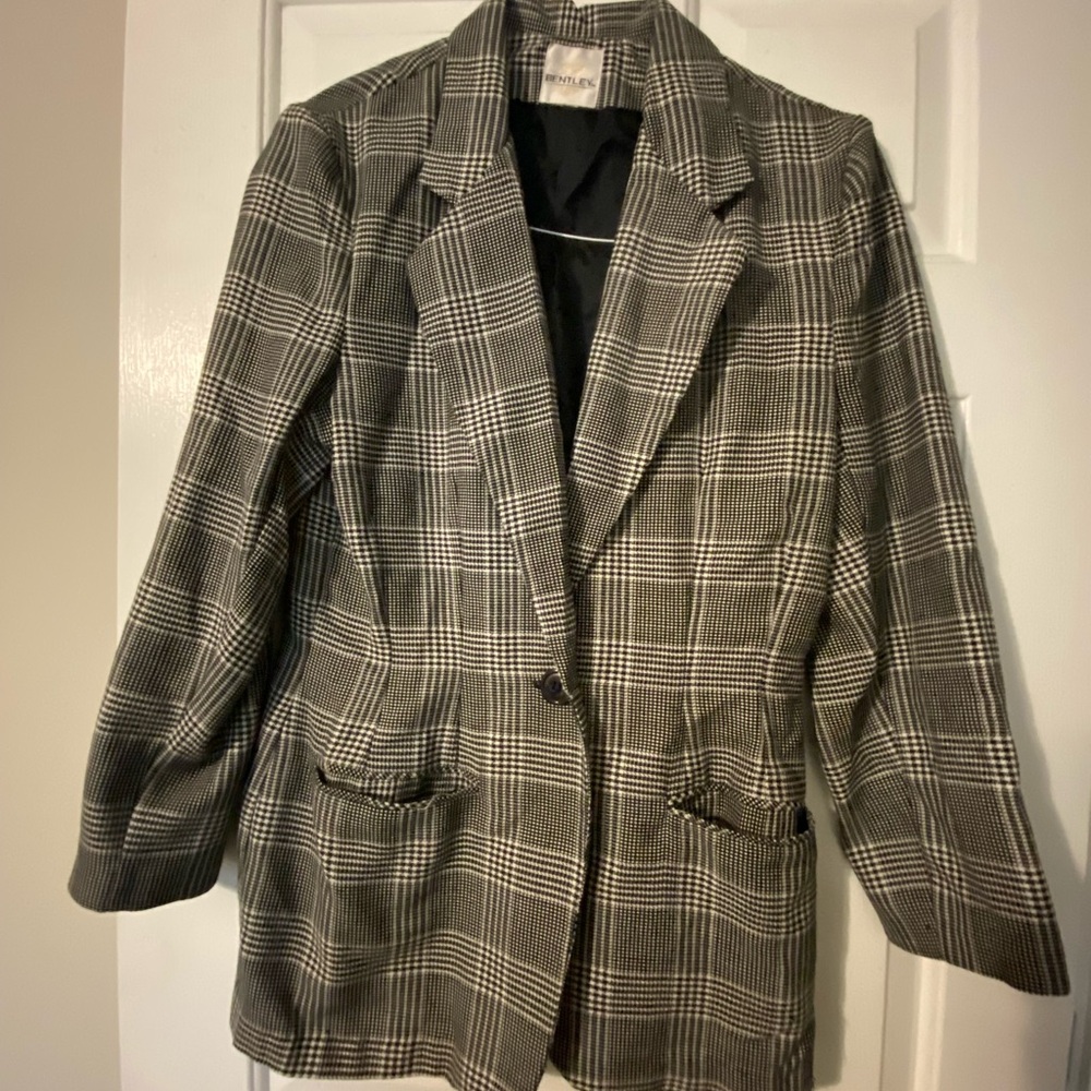 New York & Company Black and White Blazer with Plaid Pattern